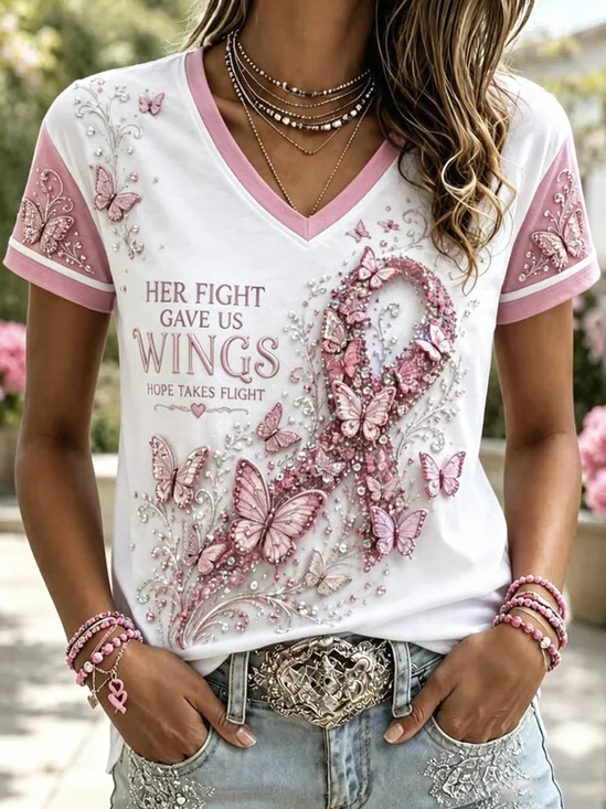Casual Butterfly V Neck Short Sleeve T-shirt