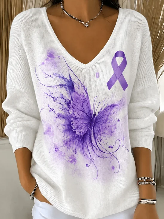 Casual Butterfly V Neck Long Sleeve T-shirt