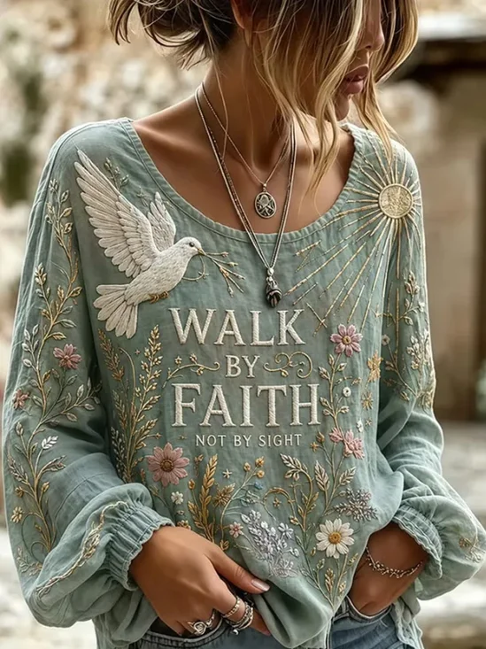 Crew Neck Long Sleeve Floral Printing Lightweight Micro-Elasticity Loose Blouse For Women