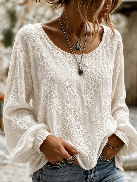 Crew Neck Long Sleeve Floral Printing Lightweight Micro-Elasticity Loose Blouse For Women