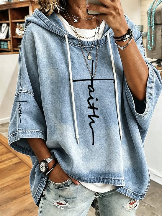 Women's Casual Faith Cross Print Denim-Look Hoodie
