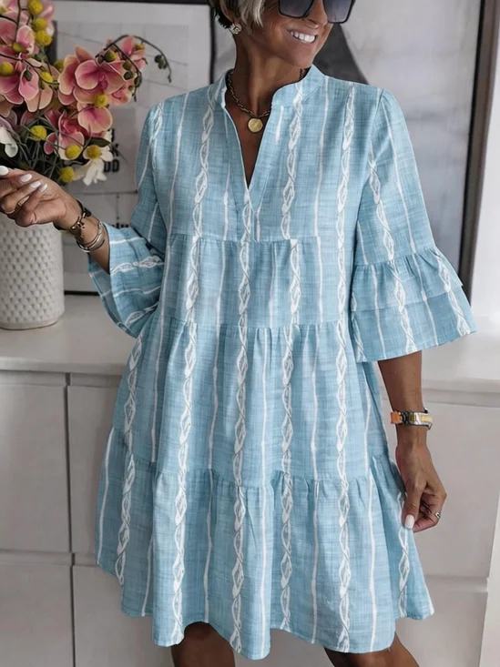 Women Striped Summer Dress Notched Half Sleeve Shirt Dress A-Line Dress
