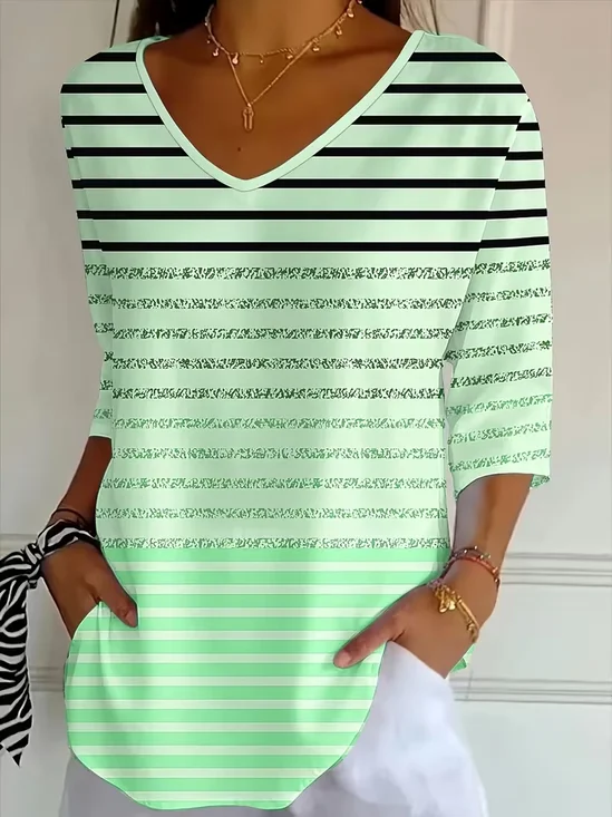 Casual Striped V Neck Three Quarter Sleeve T-shirt