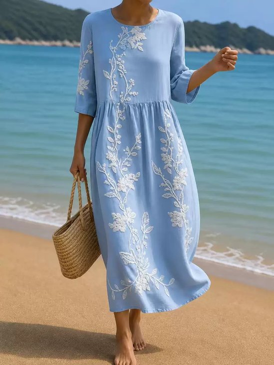 Women Floral Summer Dress Crew Neck Short Sleeve Fit & Flare Dress A-Line Dress