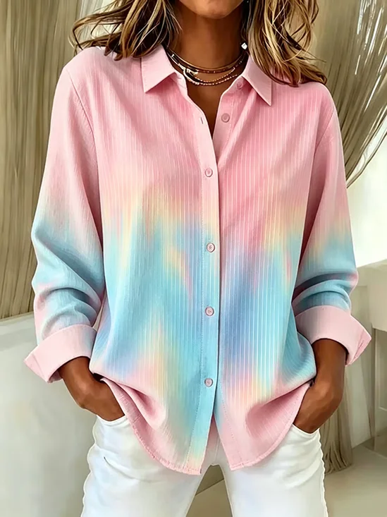 Shirt Collar Regular Sleeve Long Sleeve Ombre Buckle Regular Loose Button Up Shirt Shirt For Women