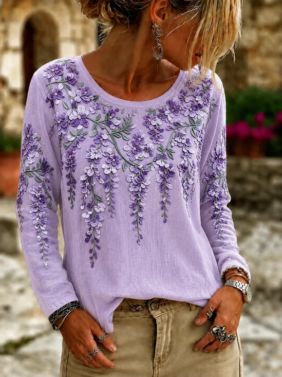 Casual Floral Crew Neck Long Sleeve T-shirt
