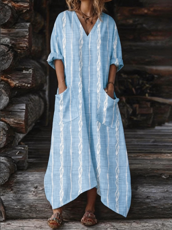 Women Striped Summer Dress V Neck Long Sleeve Shift Dress H-Line Dress