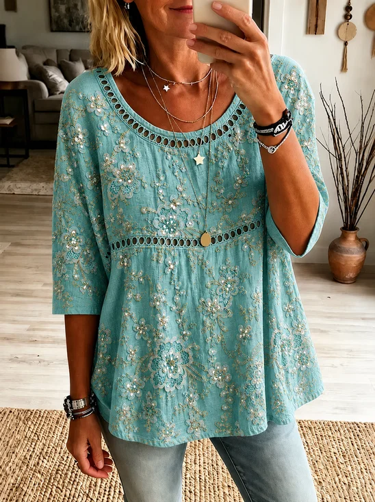 Crew Neck Half Sleeve Floral Printing Regular Micro-Elasticity Loose Blouse For Women