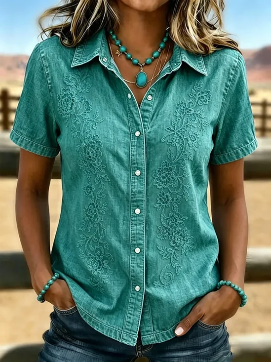 Shirt Collar Short Sleeve Floral Printing Regular Micro-Elasticity Loose Button Up Shirt Shirt For Women