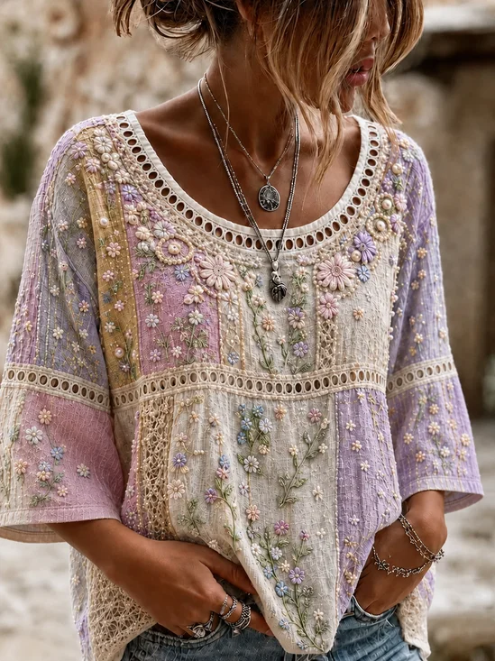 Crew Neck Half Sleeve Floral Printing Regular Micro-Elasticity Loose Blouse For Women