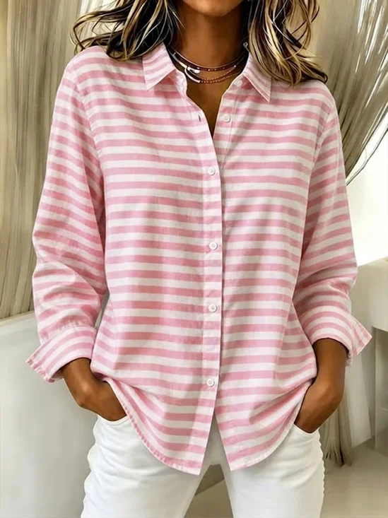 Shirt Collar Regular Sleeve Long Sleeve Striped Buckle Regular Loose Button Up Shirt Shirt For Women