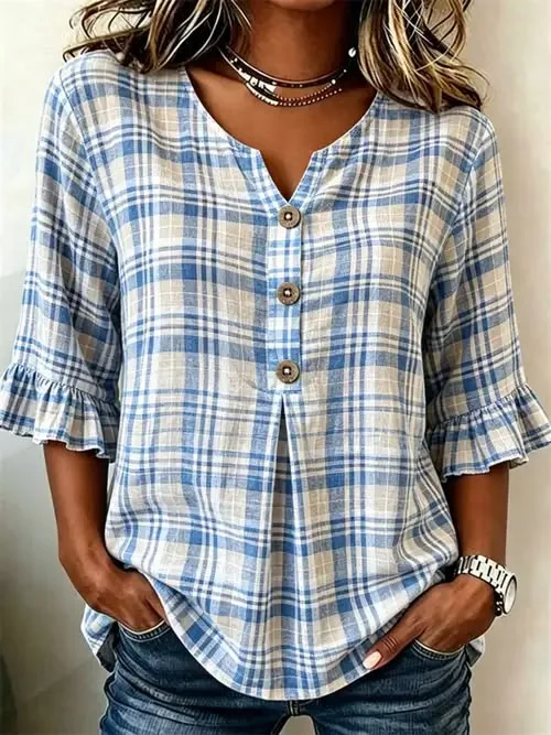 V Neck Half Sleeve Plaid Regular Regular Fit Blouse For Women