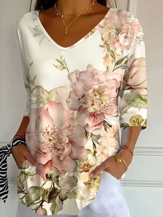 Casual Floral V Neck Three Quarter Sleeve T-shirt