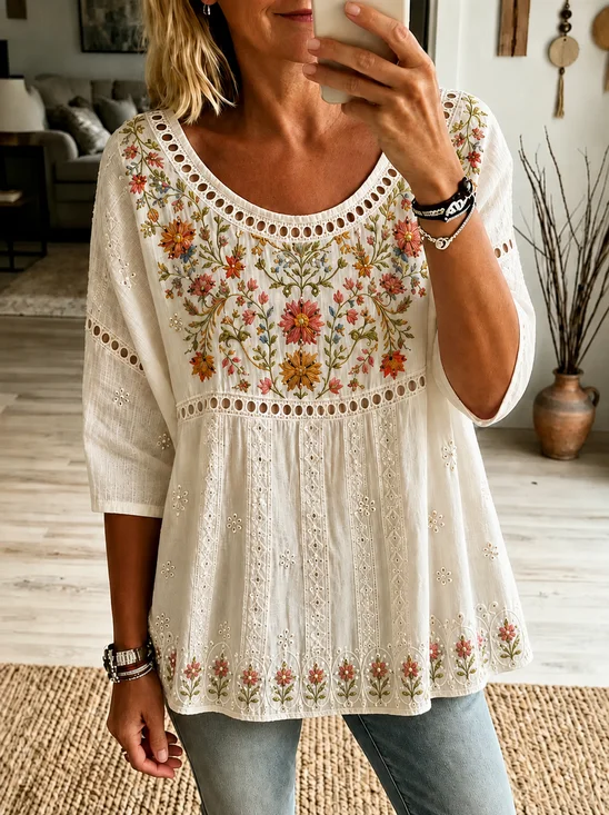 Crew Neck Half Sleeve Floral Printing Regular Micro-Elasticity Loose Blouse For Women