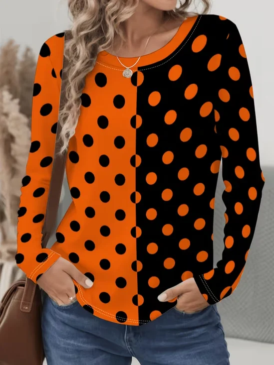 Casual Polka Dots Crew Neck Long Sleeve T-shirt