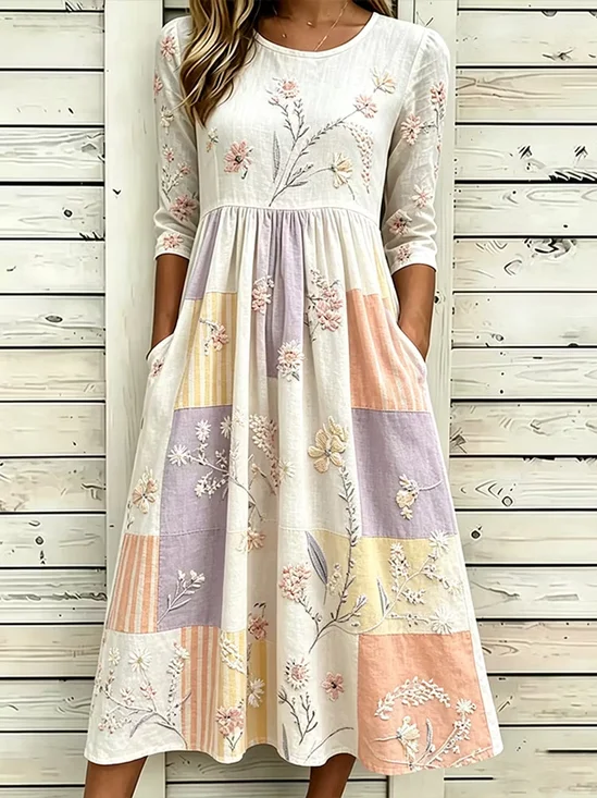 Women Floral Summer Printing Dress Crew Neck Half Sleeve T-Shirt Dress A-Line Dress