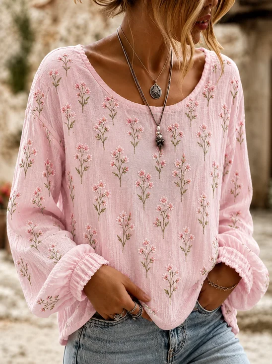Crew Neck Long Sleeve Floral Printing Lightweight Micro-Elasticity Loose Blouse For Women