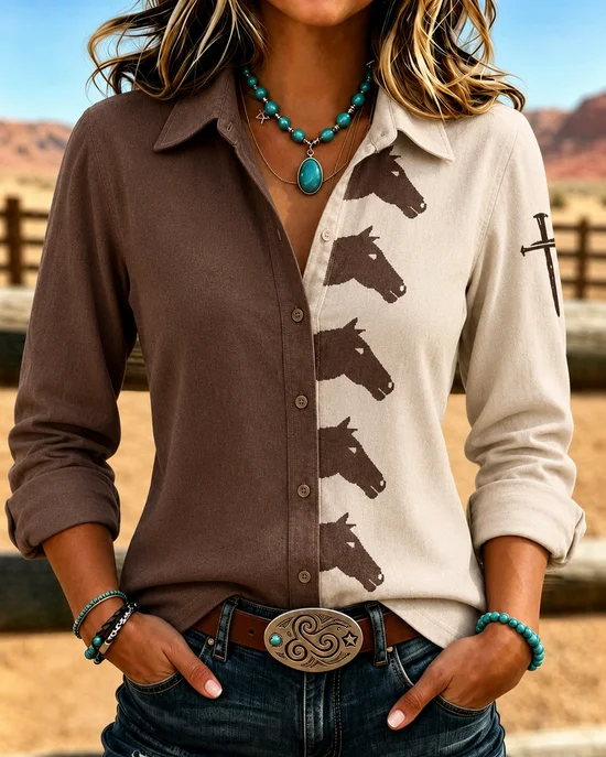 Shirt Collar Long Sleeve Color Block Printing Regular Micro-Elasticity Loose Shirt For Women
