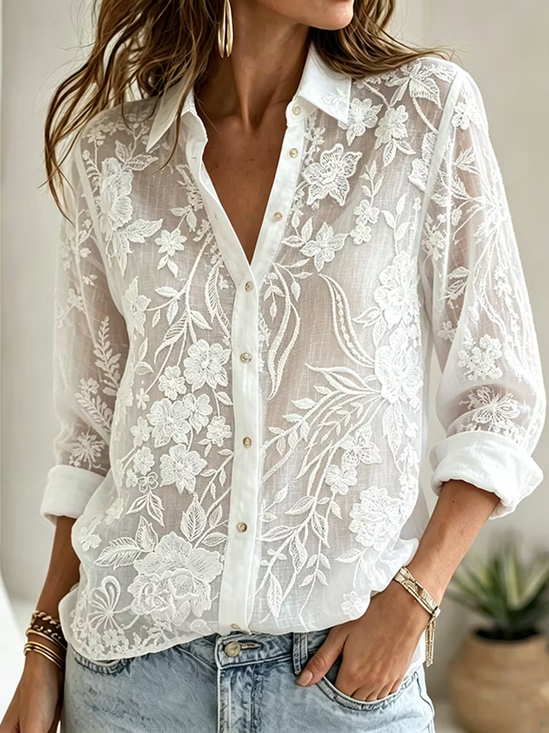 Shirt Collar Long Sleeve Floral Printing Regular Micro-Elasticity Loose Shirt For Women