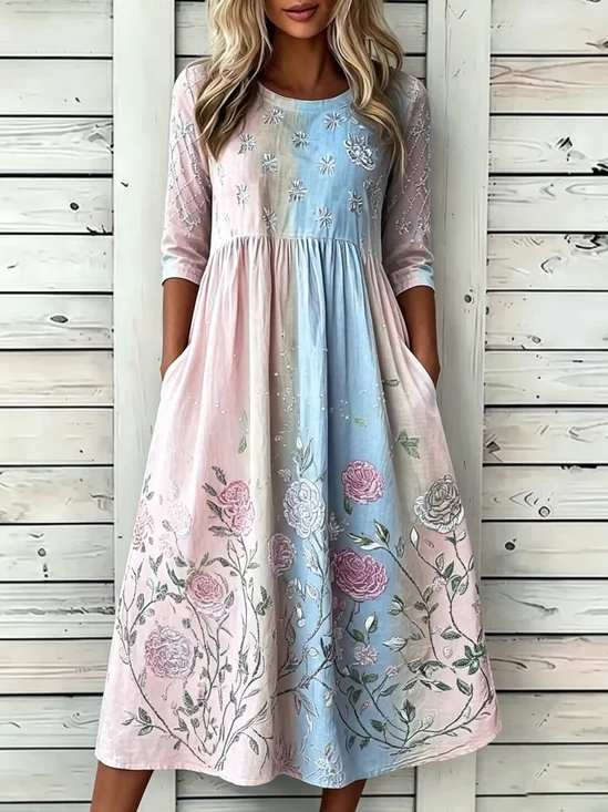 Women Floral Summer Printing Dress Crew Neck Half Sleeve T-Shirt Dress A-Line Dress