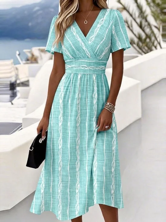 Women Striped Summer Dress V Neck Half Sleeve Fit & Flare Dress H-Line Dress