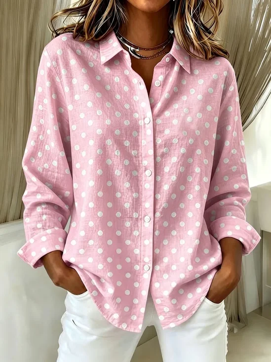 Shirt Collar Regular Sleeve Long Sleeve Polka Dots Buckle Regular Loose Button Up Shirt Shirt For Women