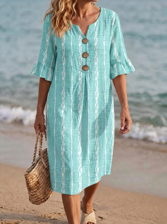 Women Striped Summer Dress Notched Half Sleeve Shirt Dress H-Line Dress