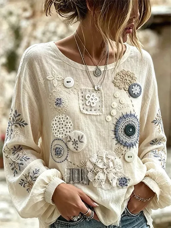 Crew Neck Long Sleeve Floral Printing Lightweight Micro-Elasticity Loose Blouse For Women