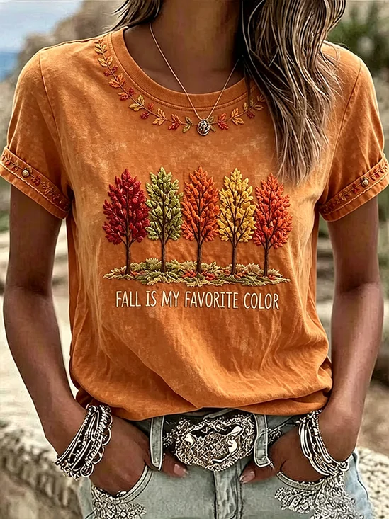 Casual Maple Leaf Crew Neck Short Sleeve T-shirt