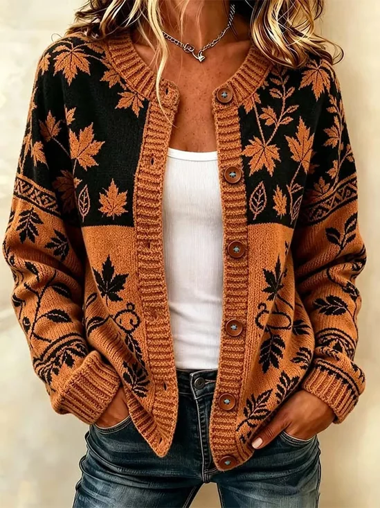 Women Maple Leaf Long Sleeve Comfy Vintage Printing Cardigan