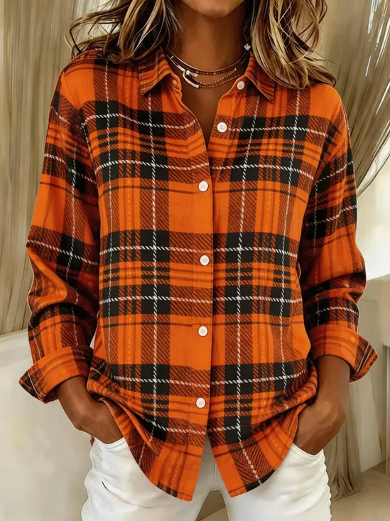 Shirt Collar Regular Sleeve Long Sleeve Plaid Buckle Regular Loose Button Up Shirt Shirt For Women