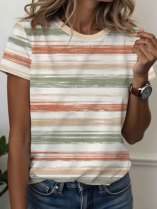 Casual Striped Crew Neck Short Sleeve T-shirt