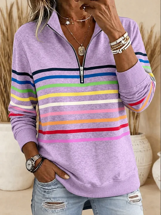 Casual Half Open Collar Striped Sweatshirt