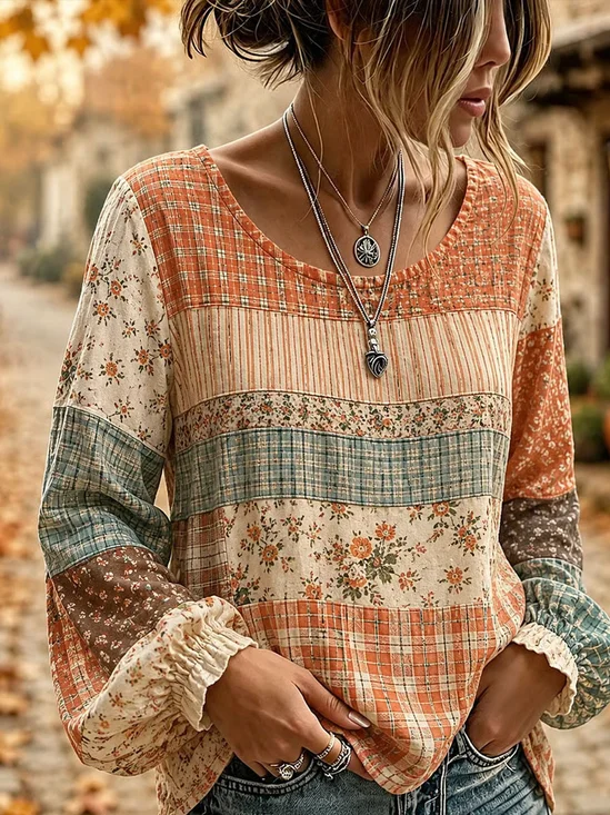 Crew Neck Long Sleeve Striped Printing Regular Micro-Elasticity Regular Fit Blouse For Women
