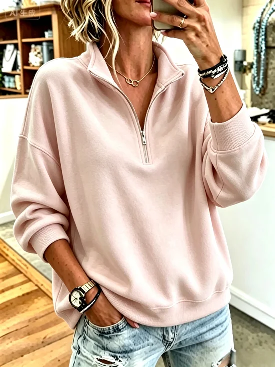 Casual Stand Collar Plain Sweatshirt
