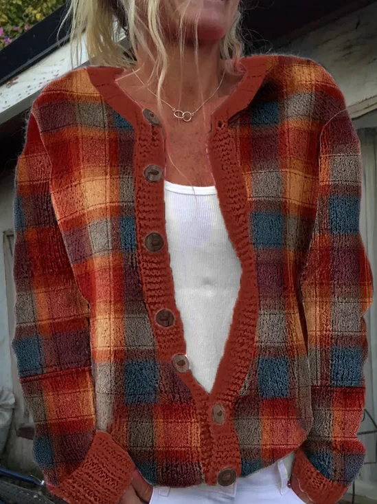 Women Plaid Long Sleeve Comfy Vintage Printing Cardigan