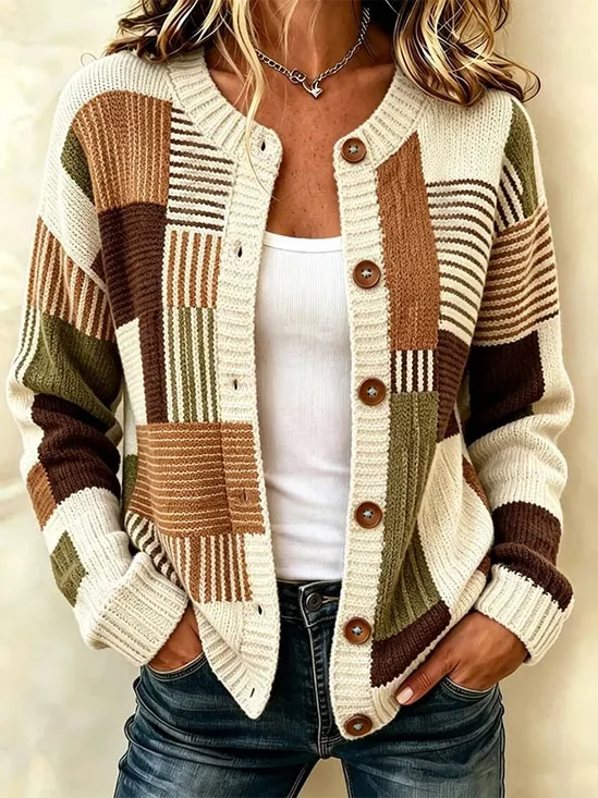 Women Abstract Stripes Long Sleeve Comfy Vintage Printing Cardigan