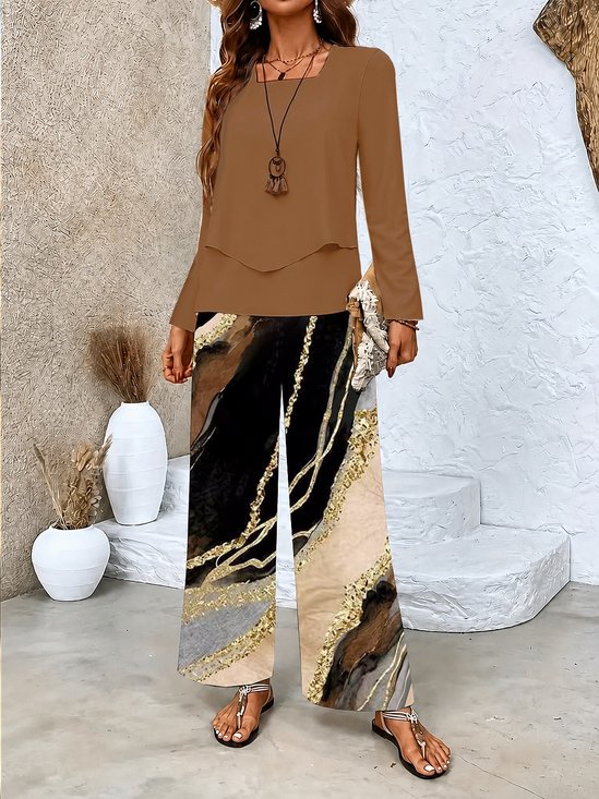 Women Plain Printing Two-Piece Set Daily Long Sleeve Casual Spring/Fall Top With Pants Matching Set