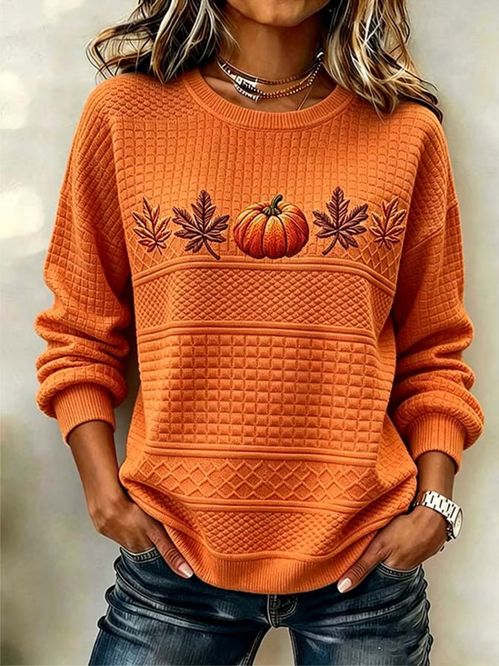 Casual Crew Neck Maple Leaf Sweatshirt Printing