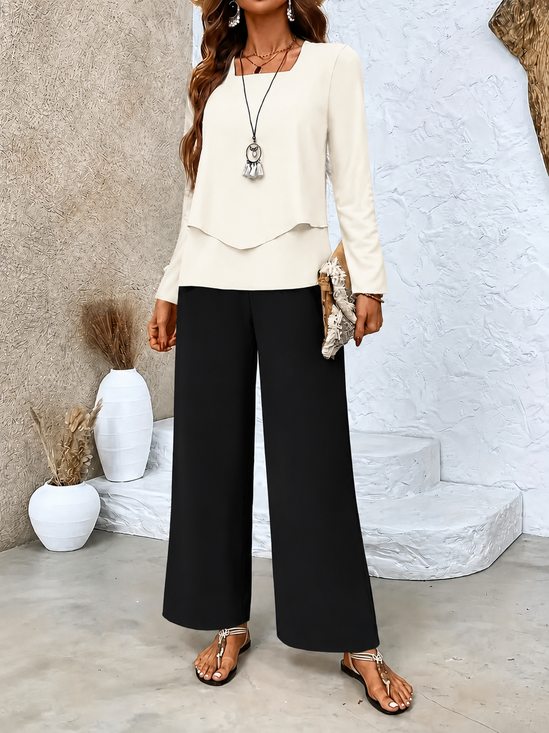 Women Plain Two-Piece Set Daily Long Sleeve Casual Spring/Fall Top With Pants Matching Set