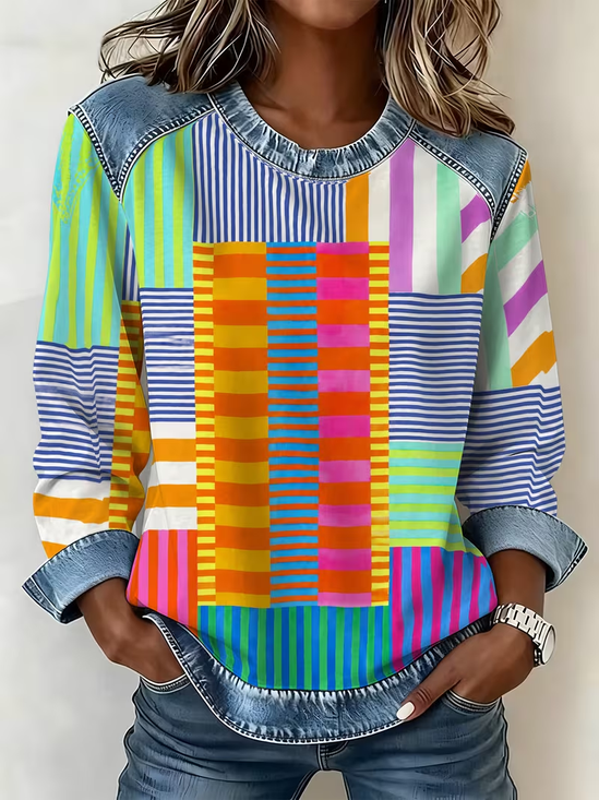 Vintage Abstract Stripes Crew Neck Long Sleeve Sweatshirt