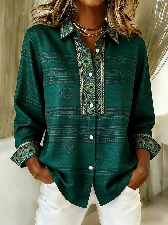 Women Abstract Casual Shirt Shirt Collar Long Sleeve Buckle Top