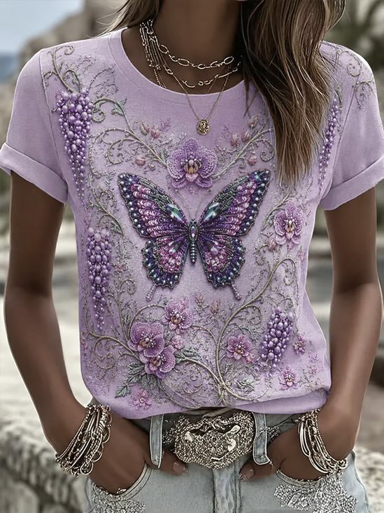 Casual Butterfly Crew Neck Short Sleeve T-shirt