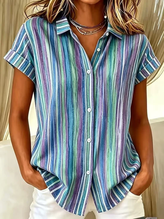 Women Abstract Stripes Casual Shirt Shirt Collar Short Sleeve Printing Top