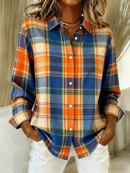 Women Plaid Casual Shirt Shirt Collar Long Sleeve Buckle Top