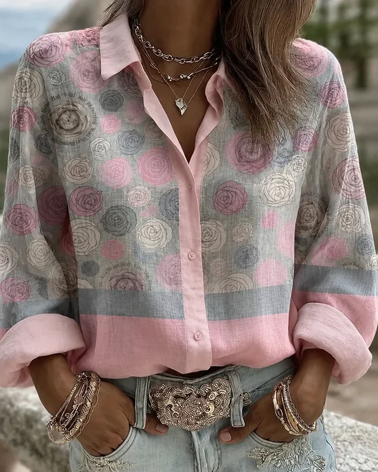 Women Floral Vintage Shirt Shirt Collar Long Sleeve Printing Top