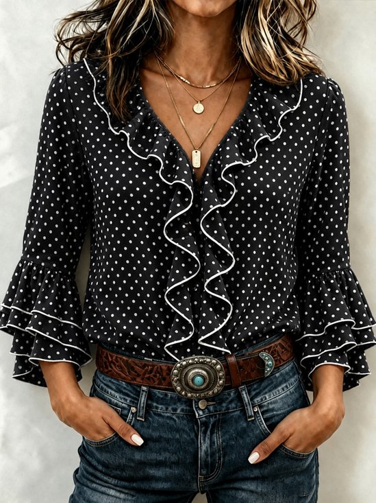 Women Polka Dots Vintage Shirt V Neck Three Quarter Sleeve Top