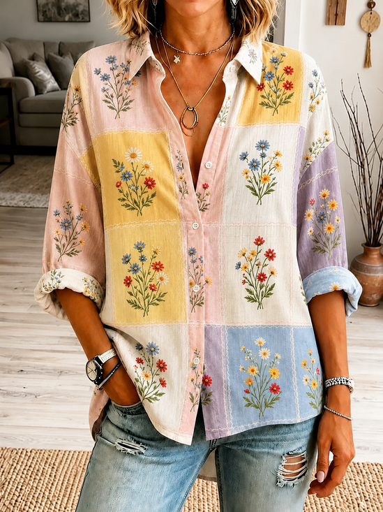 Women Geometric Vintage Shirt Shirt Collar Long Sleeve Printing Top