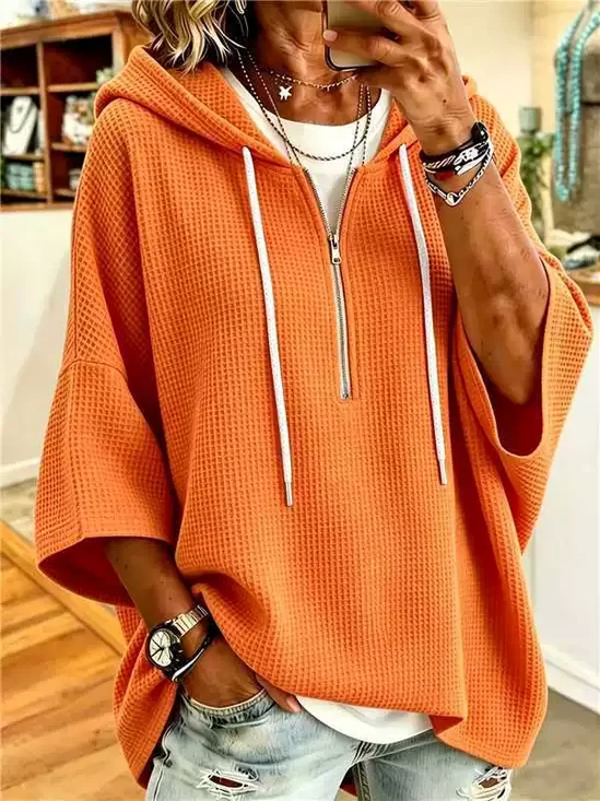 Casual Plain Hoodie Three Quarter Sleeve Hoodie