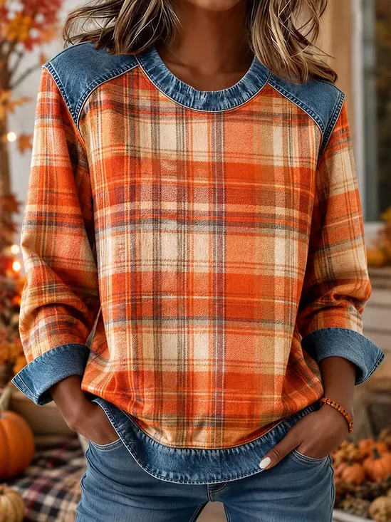 Vintage Plaid Crew Neck Long Sleeve Sweatshirt
